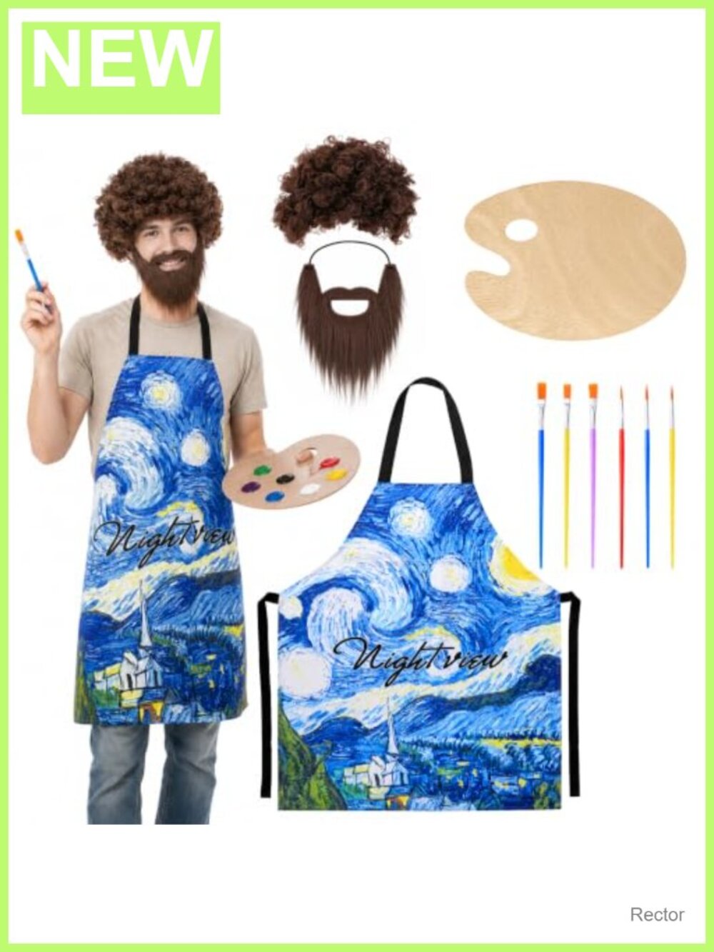 80s Painter Costume Set with Wig Beard Apron Palette Brushes